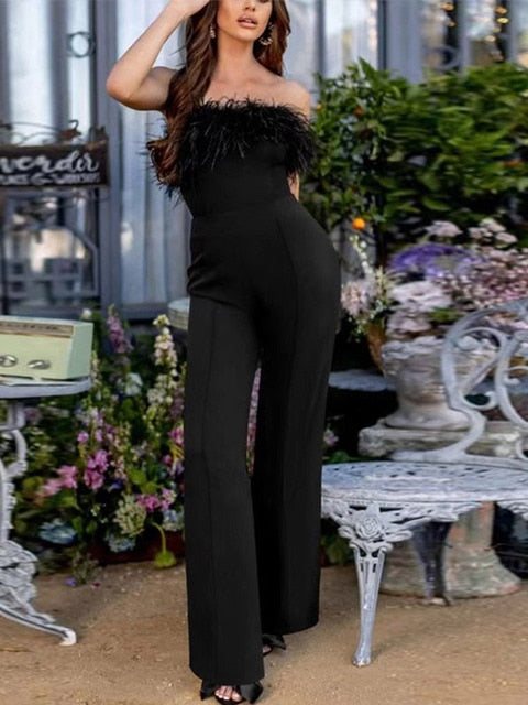 Women Sequined Feather-paneled Jumpsuit