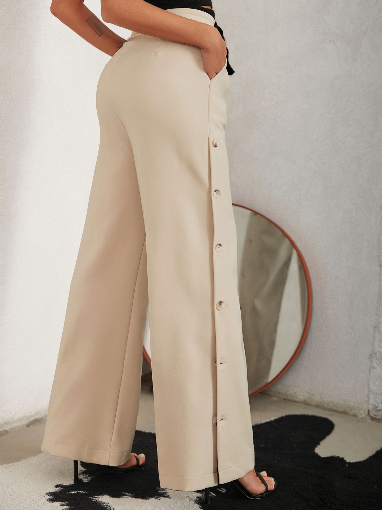 Side Button Pleated Wide Leg Pants